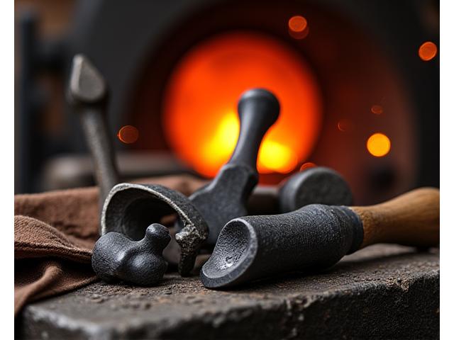 Close-up of blacksmith tools and glowing forge, representing craftsmanship
