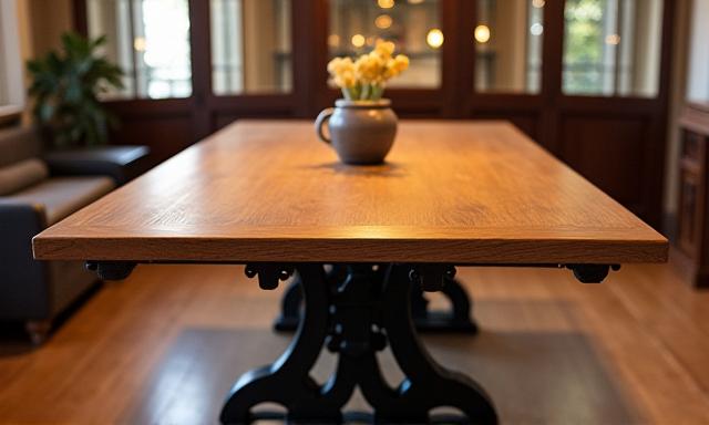 Elegant dining table featuring a solid oak top and ornate iron base
