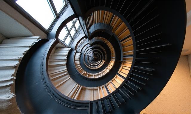 Modern industrial spiral staircase made from blackened steel, in a contemporary home