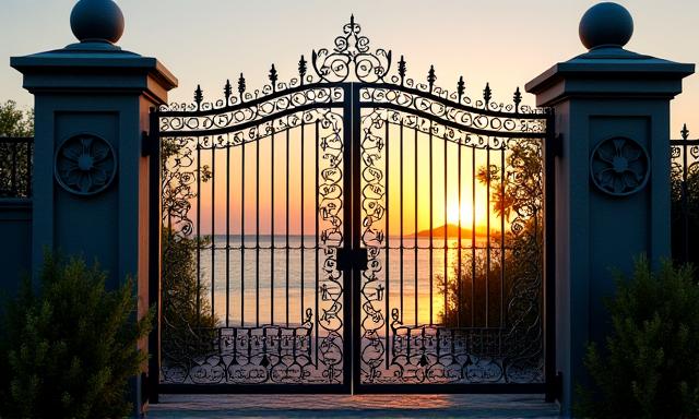 Intricate custom iron gate at a waterfront property, reflecting the sea