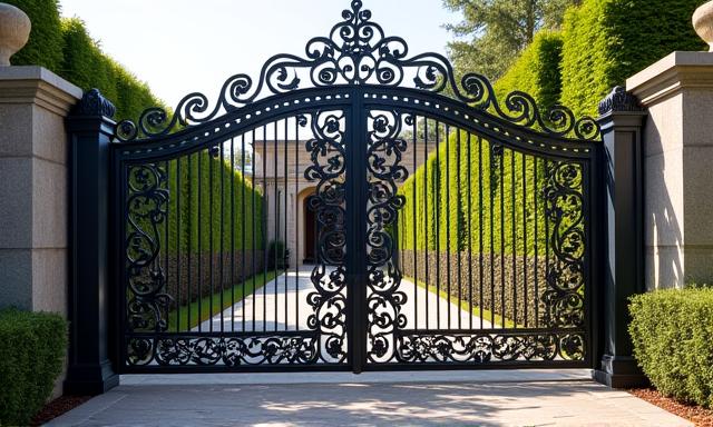 Striking custom metal gate with intricate scrollwork
