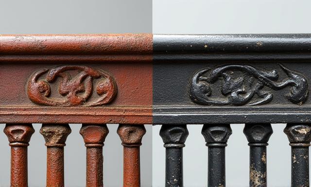 Before and after image of a restored antique metal railing