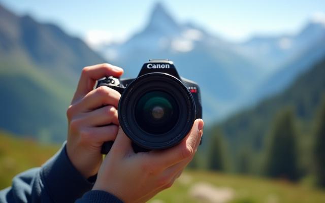 Nahaufnahme einer Person mit professioneller Kamera, die eine imposante Berglandschaft einfängt, mit scharfem Fokus auf die Kamera und die Berge im Hintergrund.