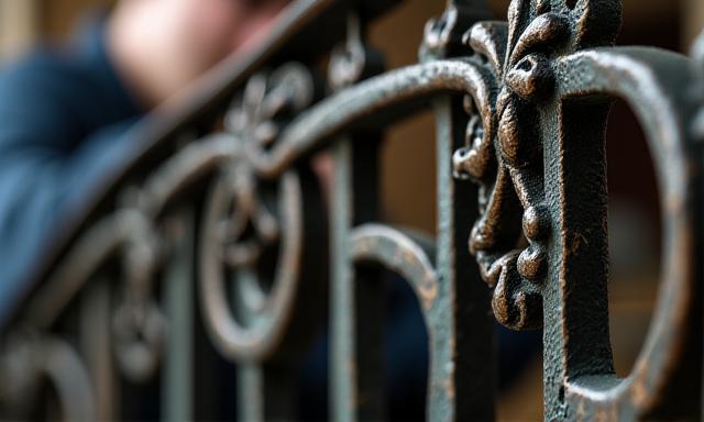 Intricate wrought iron railing with floral motifs