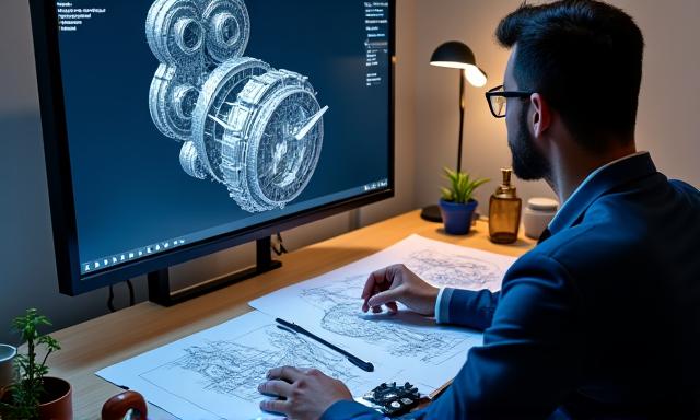 Engineer working on a CAD design for a metal component