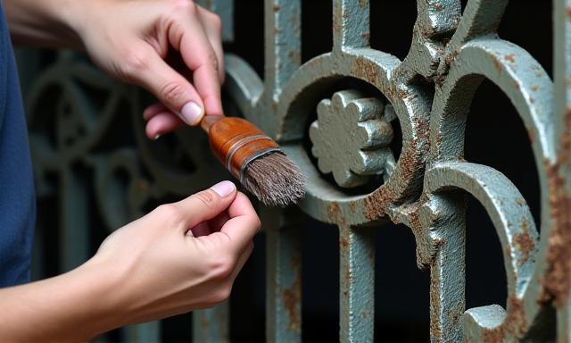 Skilled restorer cleaning an antique metal gate
